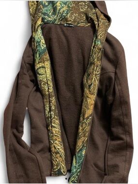 Brown Paisley Boho Zip Hoodie with Printed Hood Trim